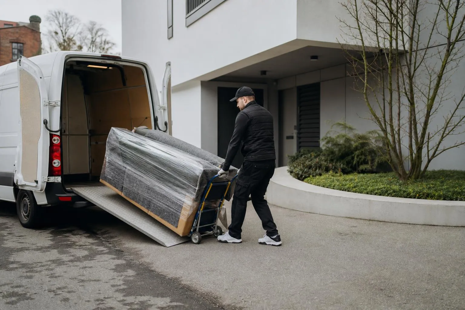 Livreur transportant un meuble encombrant dans un chariot devant un bâtiment.