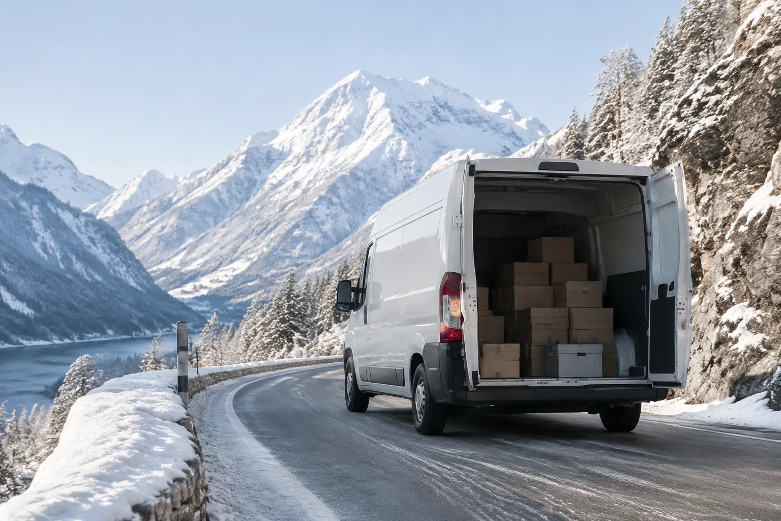 Camionnette blanche chargée de colis sur une route enneigée, avec des montagnes enneigées en arrière-plan.