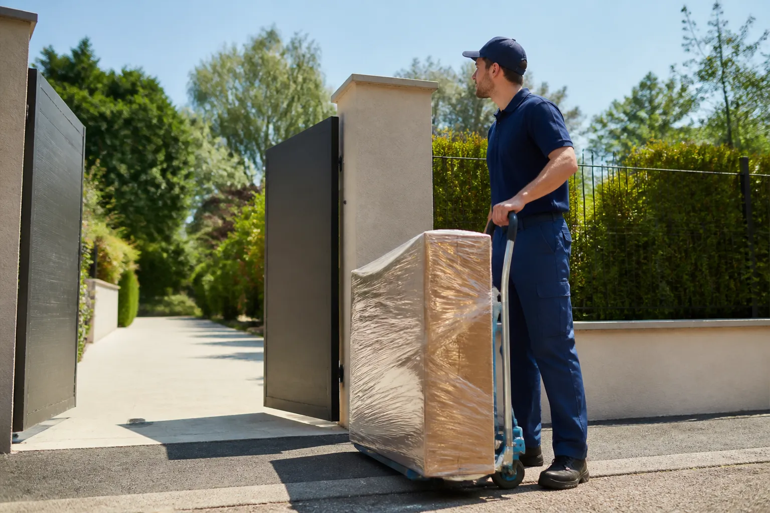 Livreur transportant un colis emballé dans un environnement extérieur verdoyant.