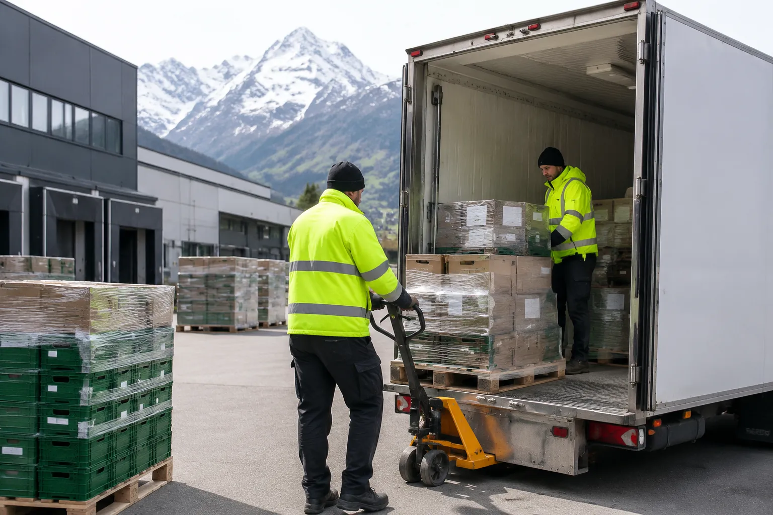 Deux travailleurs déchargeant des boîtes d'un camion de livraison dans un entrepôt avec des montagnes enneigées en arrière-plan.