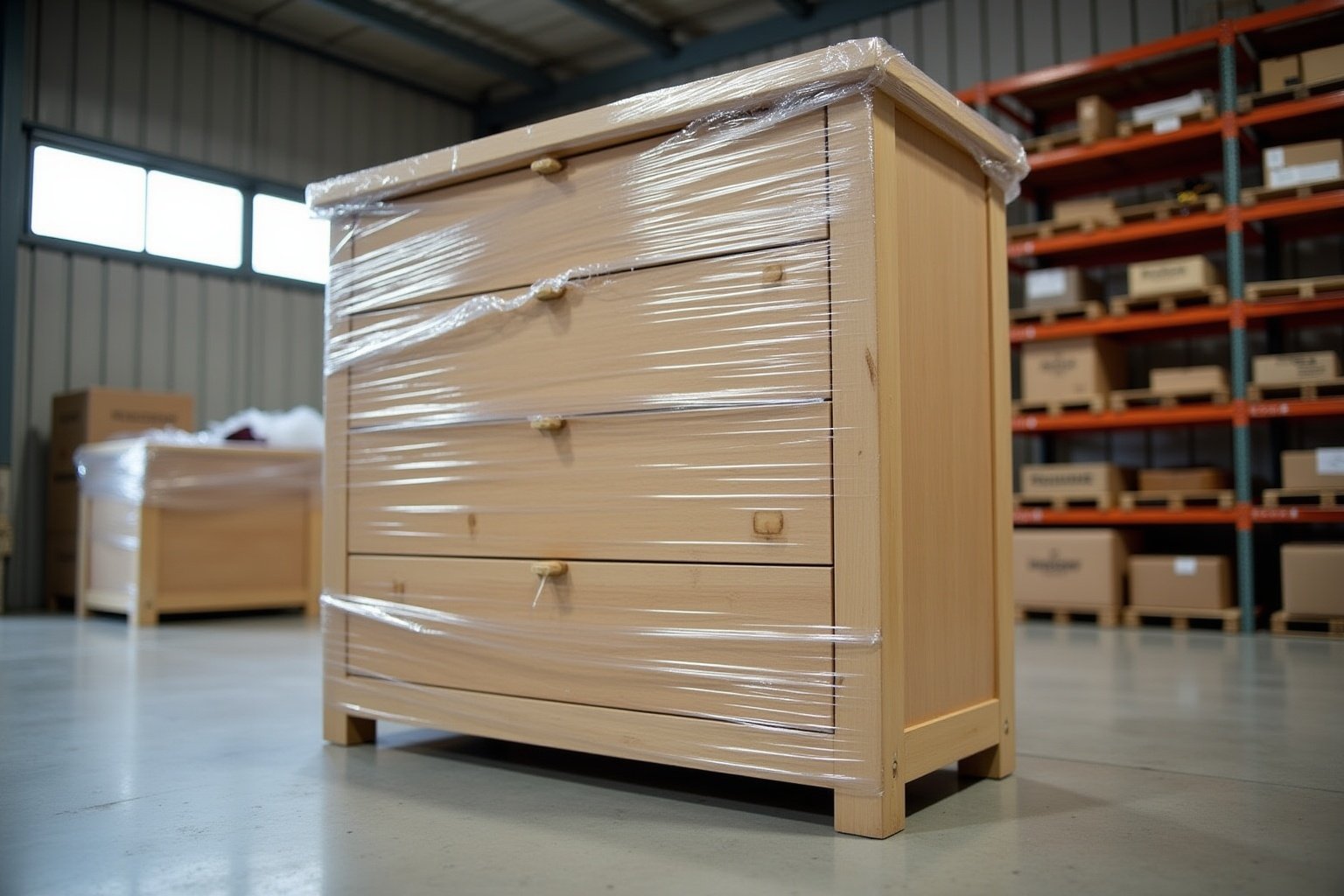 Meuble en bois emballé dans du plastique transparent.