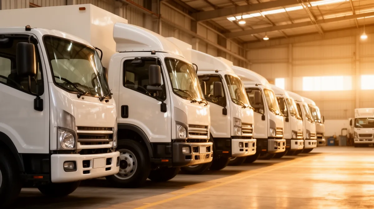 Rangée de camions de livraison blancs dans un entrepôt lumineux.