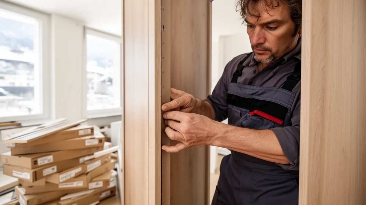 Homme en uniforme installant une porte dans une pièce avec des boîtes.
