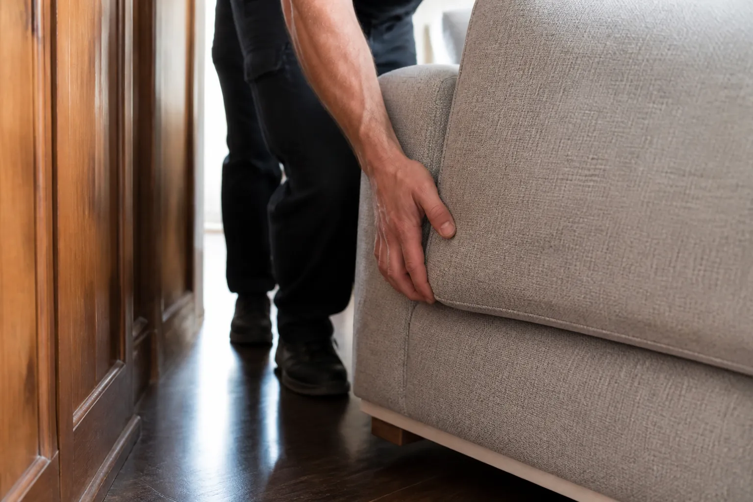 Homme en pantalon noir assis sur un canapé gris.