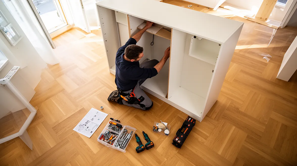 Homme assemblant un meuble en bois avec des outils.