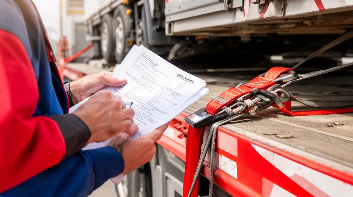 Technicien vérifiant des documents près d'un véhicule de service.