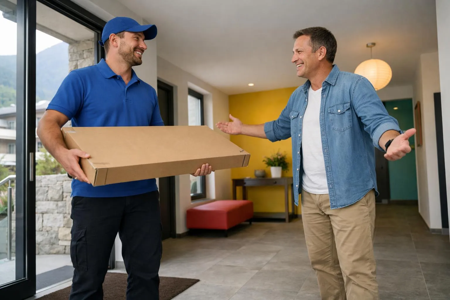 Livreur en uniforme bleu et client accueillant dans un intérieur moderne.