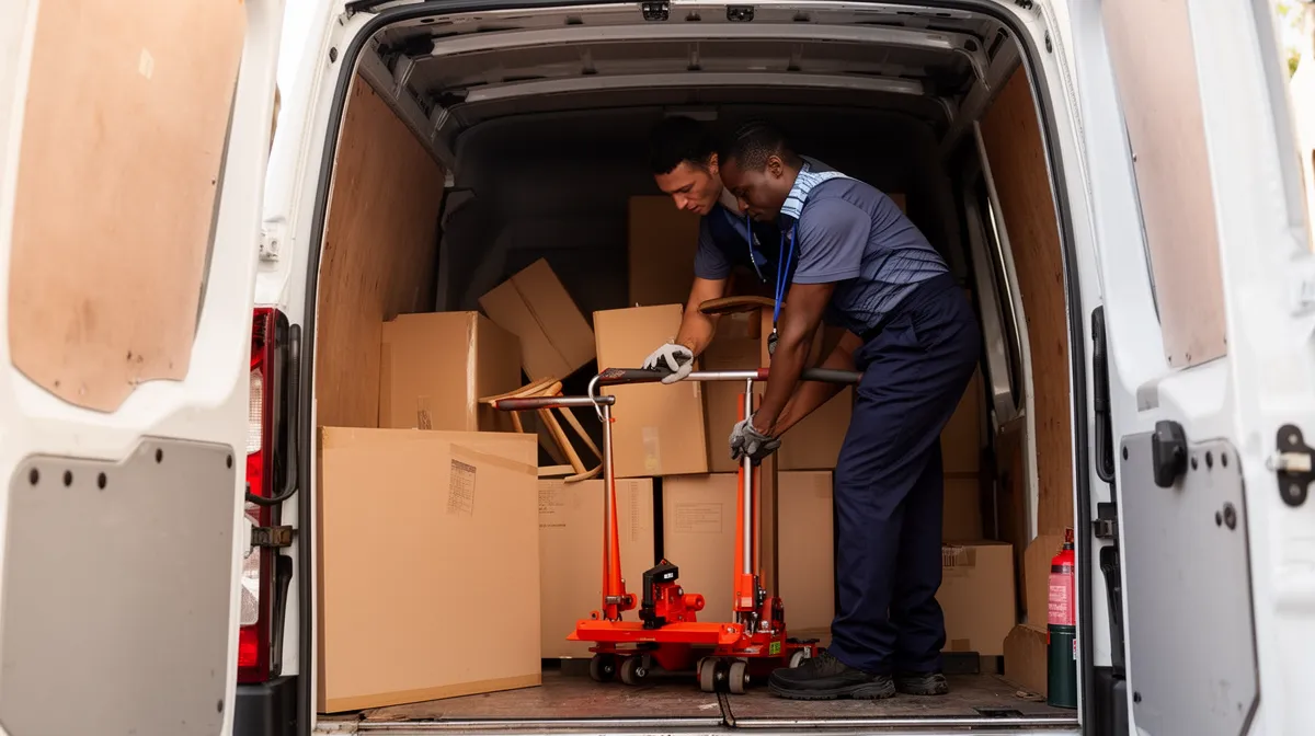 Deux hommes chargeant des boîtes dans un camion de déménagement.