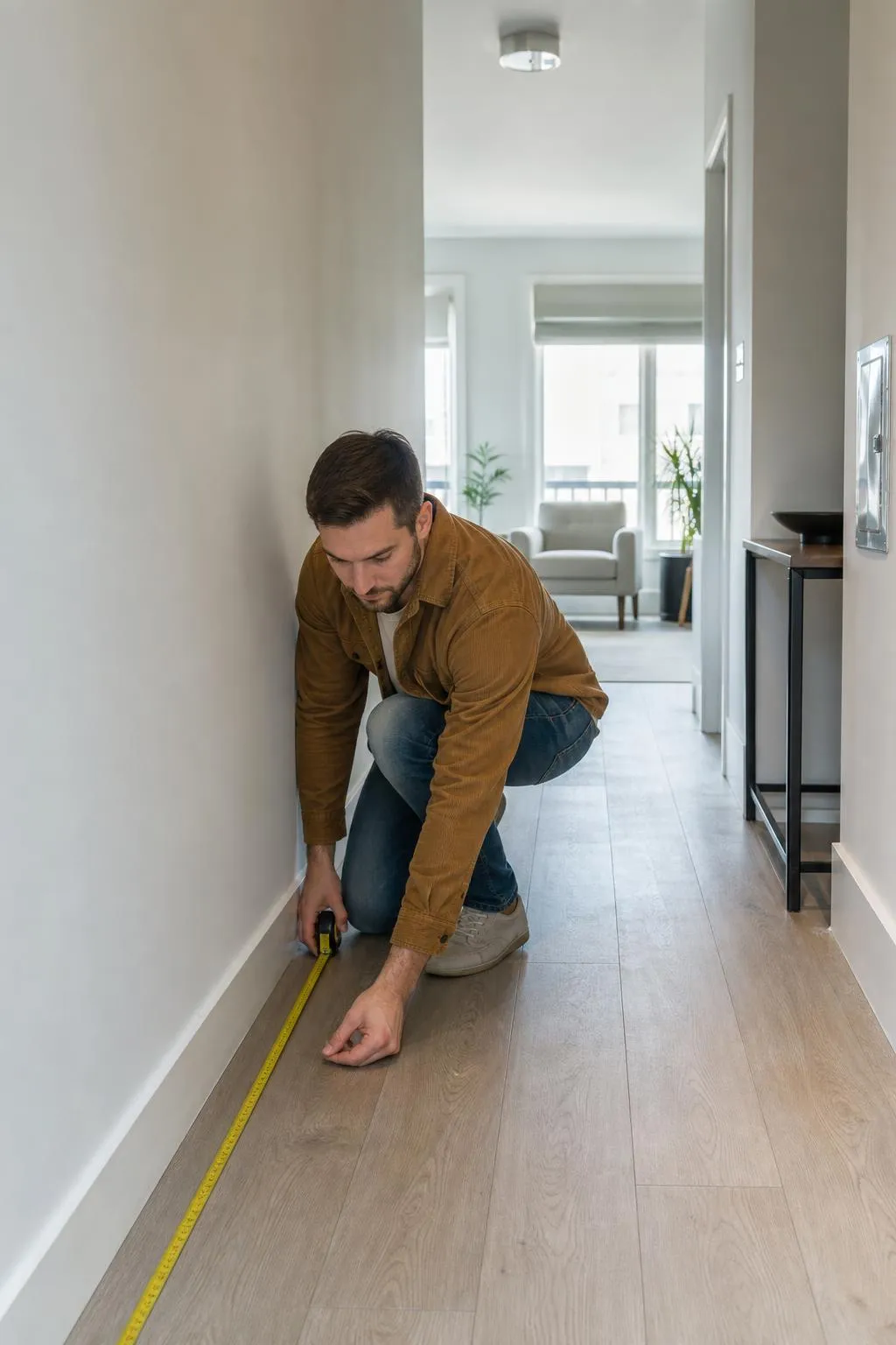 Homme mesurant le sol avec un mètre ruban dans un couloir.