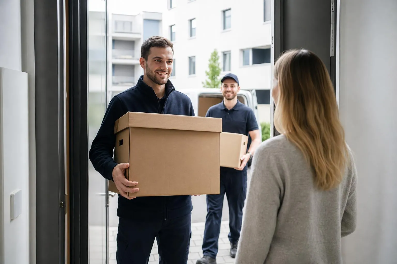 Deux livreurs de colis souriant et portant des boîtes en carton.