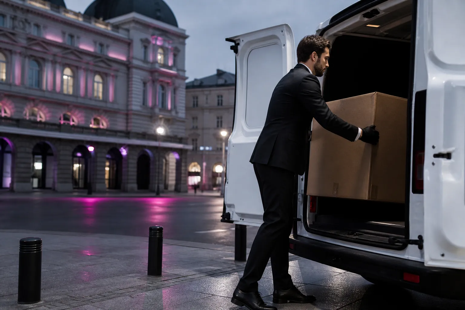 Un homme en costume chargeant une boîte dans un camion de livraison, devant un bâtiment illuminé la nuit.