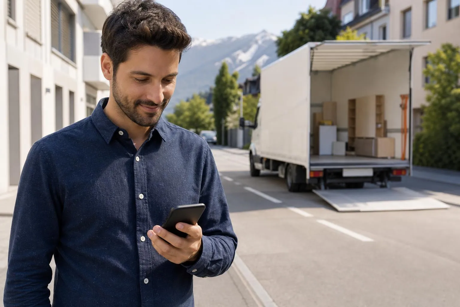Homme en chemise bleue marchant dans la rue, consultant son téléphone portable.