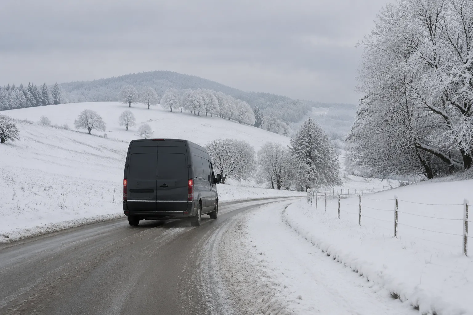 Paysage enneigé avec une camionnette sur la route.