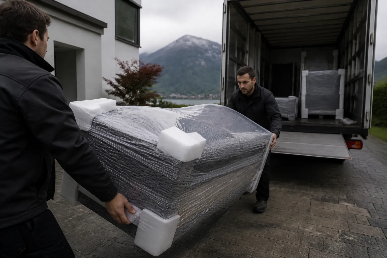 Deux hommes déplaçant un meuble emballé dans un camion.