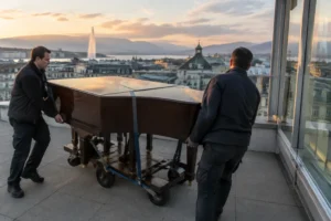Chauffeur transportant un piano à queue sur un toit à Genève, lumière naturelle, scène documentaire réaliste.