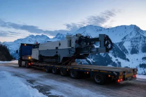 Transport d’une machine de 3,5 tonnes sur route suisse, camion chargé, Alpes enneigées au crépuscule.