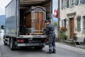 Camion de transport de meubles anciens en Suisse, chauffeur vérifiant la protection en mousse.