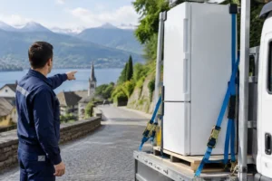 Réfrigérateur chargé sur plateforme, conducteur suisse en uniforme, route pavée en arrière-plan.