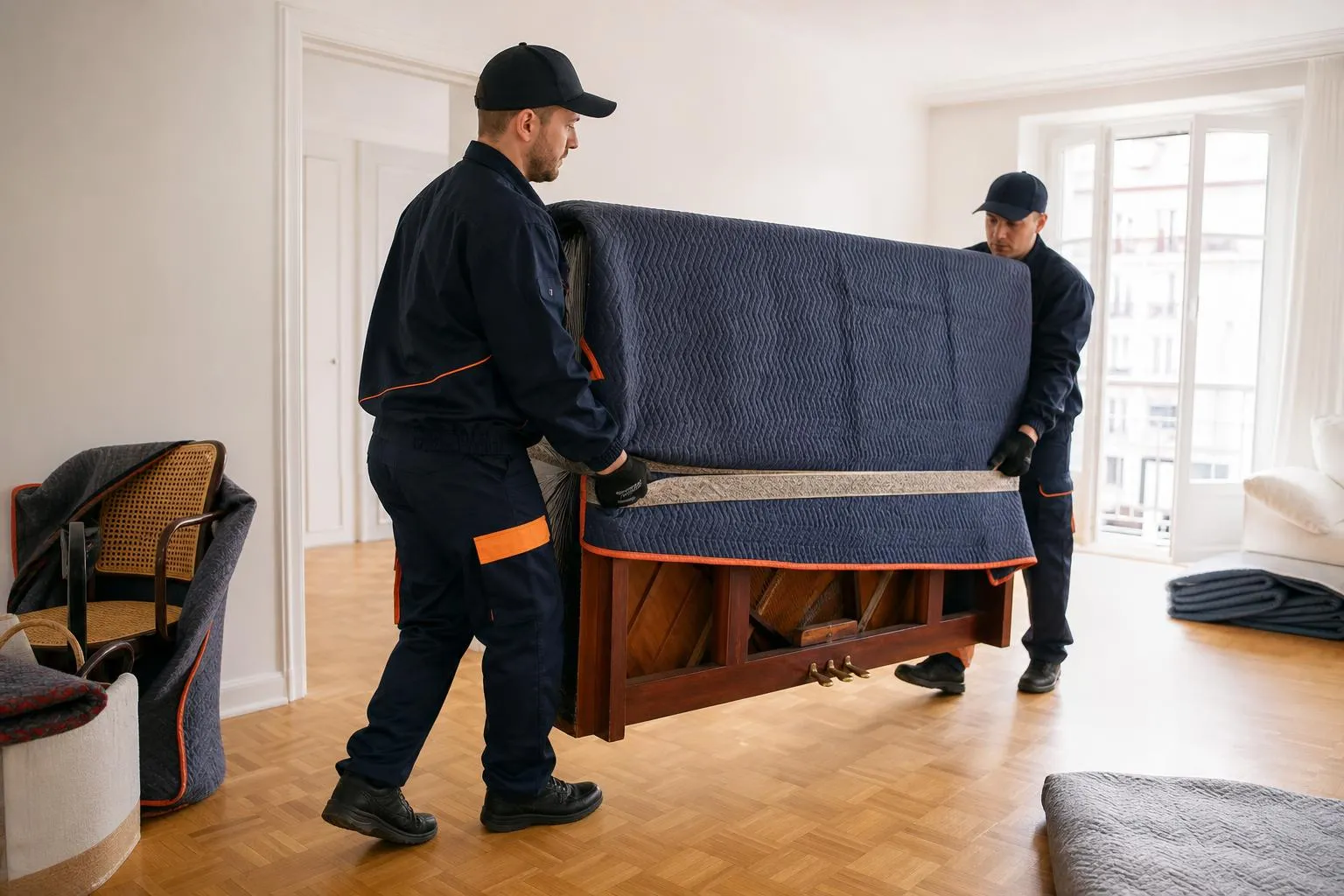 Déménageurs transportant un piano droit protégé dans un salon