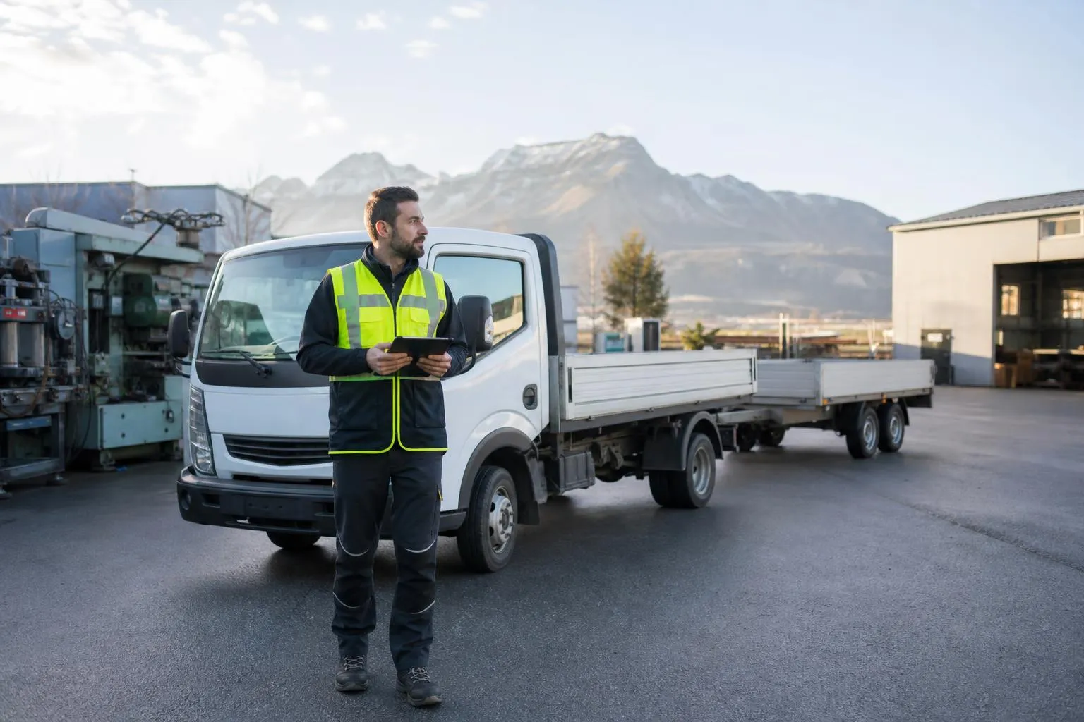 Chauffeur en gilet fluorescent devant camion et remorque, montagnes alpines.