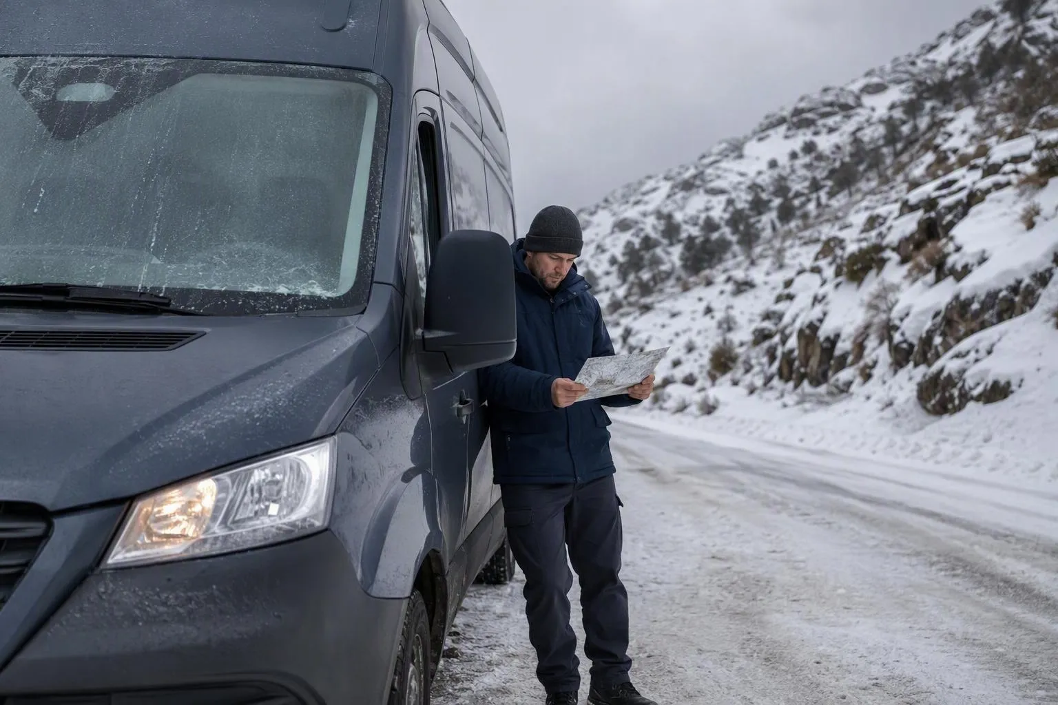 Homme consultant une carte près d’un van sur route enneigée