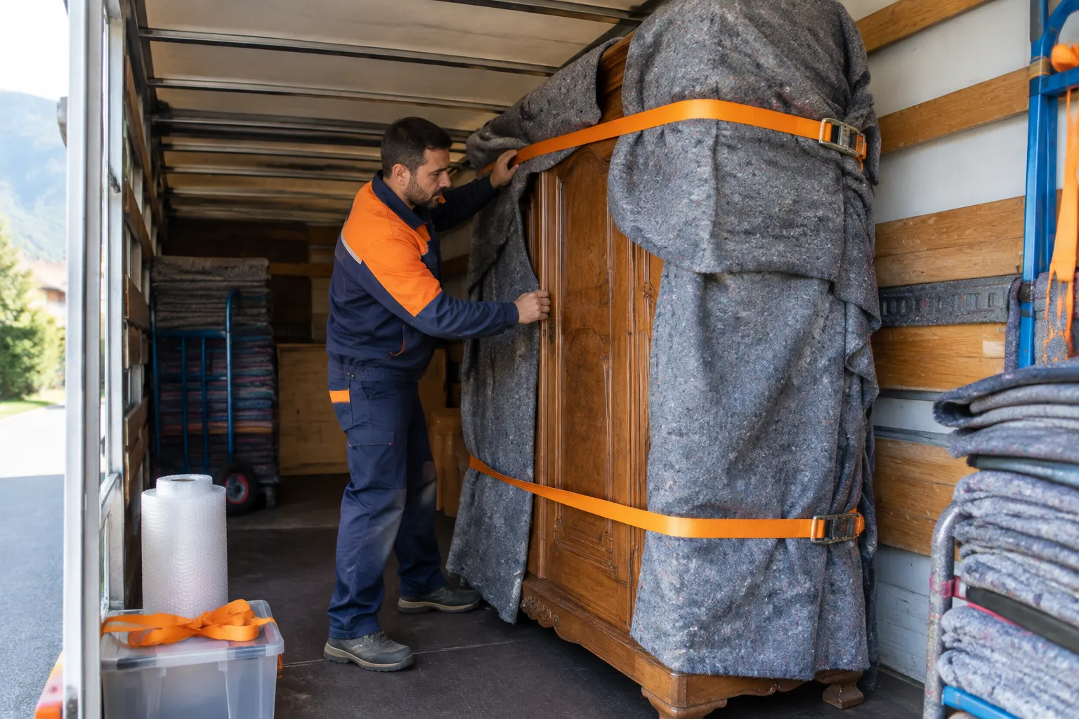 Déménageur sécurisant une armoire protégée dans un camion.