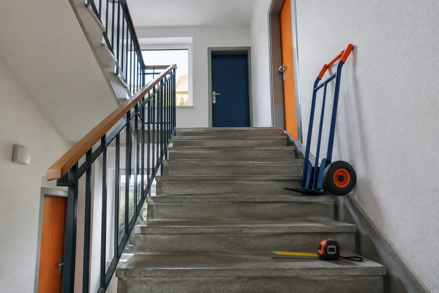 Escalier d’immeuble avec diable et mètre ruban sur les marches