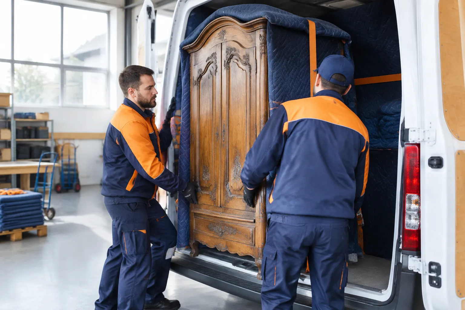 Déménageurs chargeant une armoire ancienne dans une camionnette matelassée