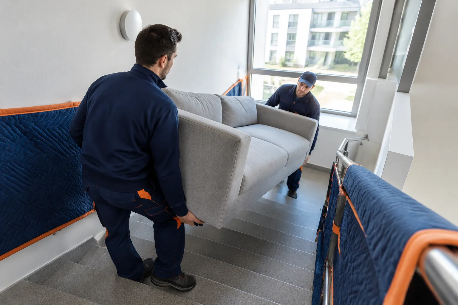 Déménageurs transportant un canapé dans un escalier protégé.