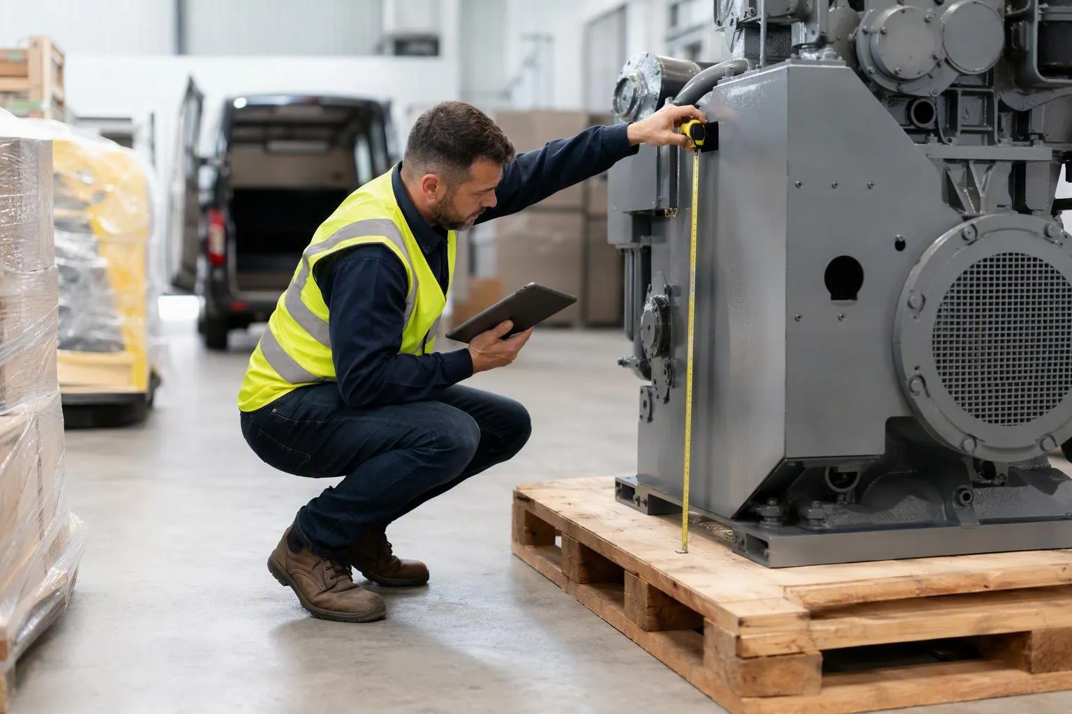 Technicien mesurant une machine industrielle sur palette en entrepôt