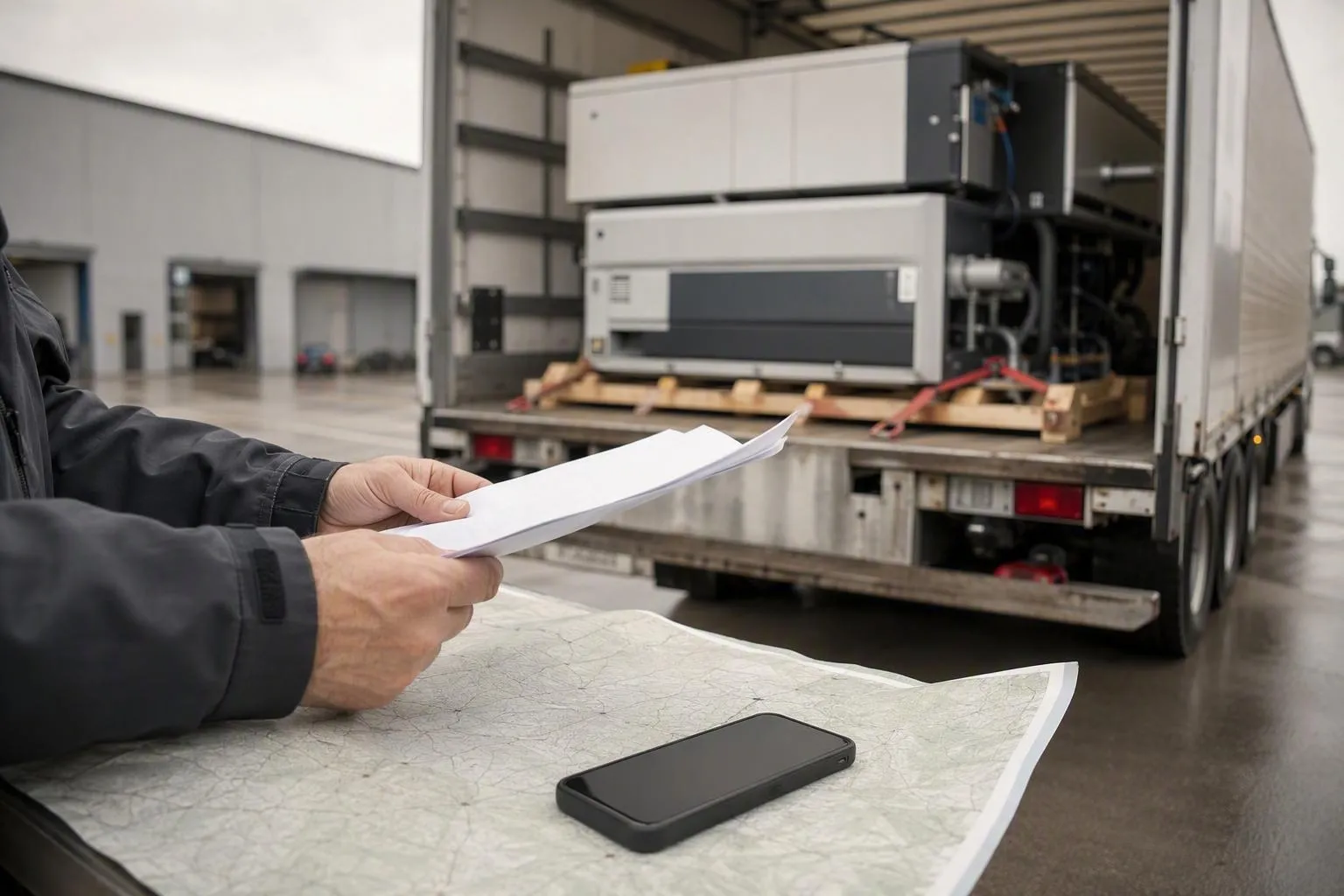 Technicien consultant des documents devant un équipement industriel livré.