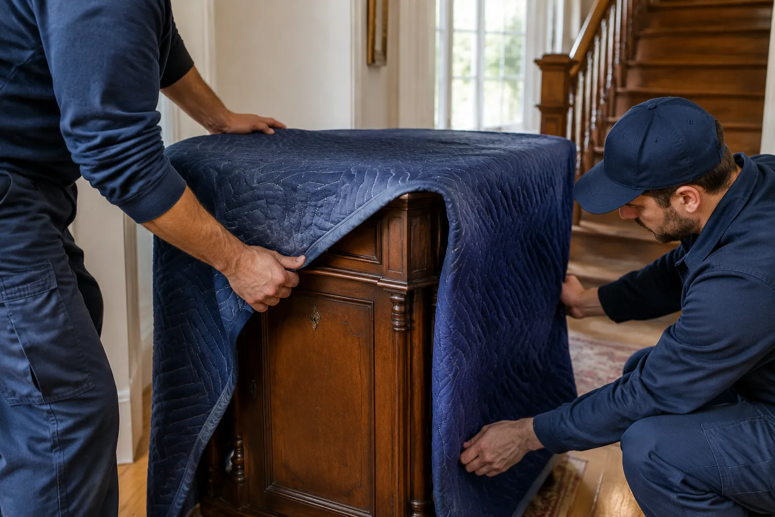 Déménageurs protégeant une commode antique avec une couverture matelassée.