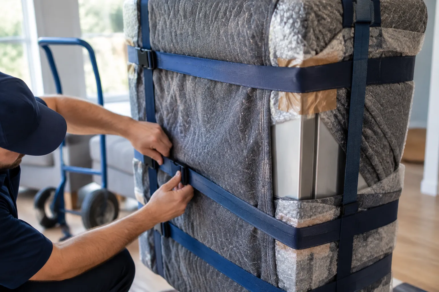 Déménageur sécurisant un meuble emballé avec des sangles bleues
