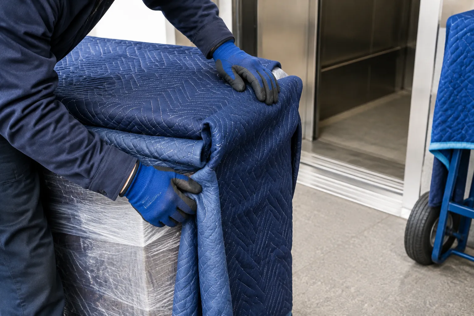 Déménageur emballant un meuble avec couvertures matelassées bleues