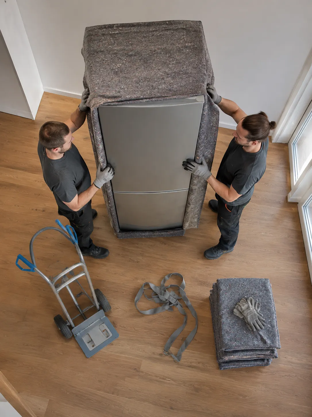 Deux déménageurs transportent un matelas emballé dans un appartement.