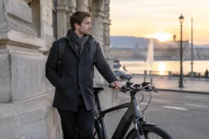 Cycliste pose son vélo électrique contre un bâtiment historique à Genève.