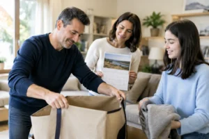 Famille prépare un déménagement en février, affichant un calendrier d'avril dans une ambiance chaleureuse.