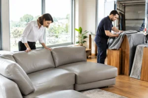 Femme vérifie canapé avant mise en camion, étape 1 de 4 pour livraison de meubles.