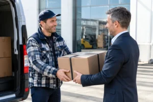 Chauffeur suisse remet une valise à un entrepreneur devant un entrepôt ensoleillé, ambiance authentique.