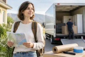Femme marchant avec sac à dos devant un camion de déménagement, cartes et cartons visibles, scène de déménagement en Suisse.