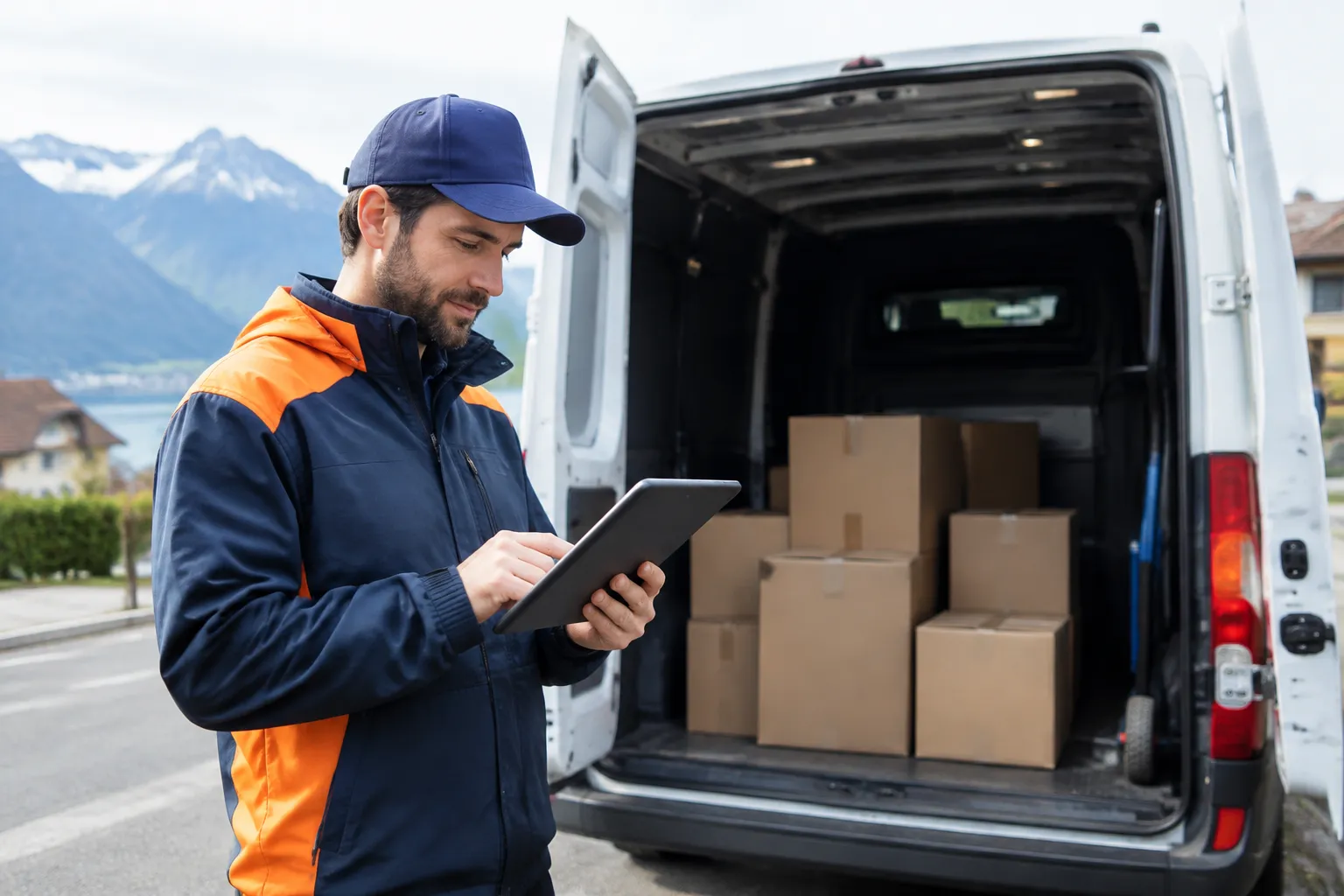 Livreur vérifie une tablette devant une camionnette chargée de cartons
