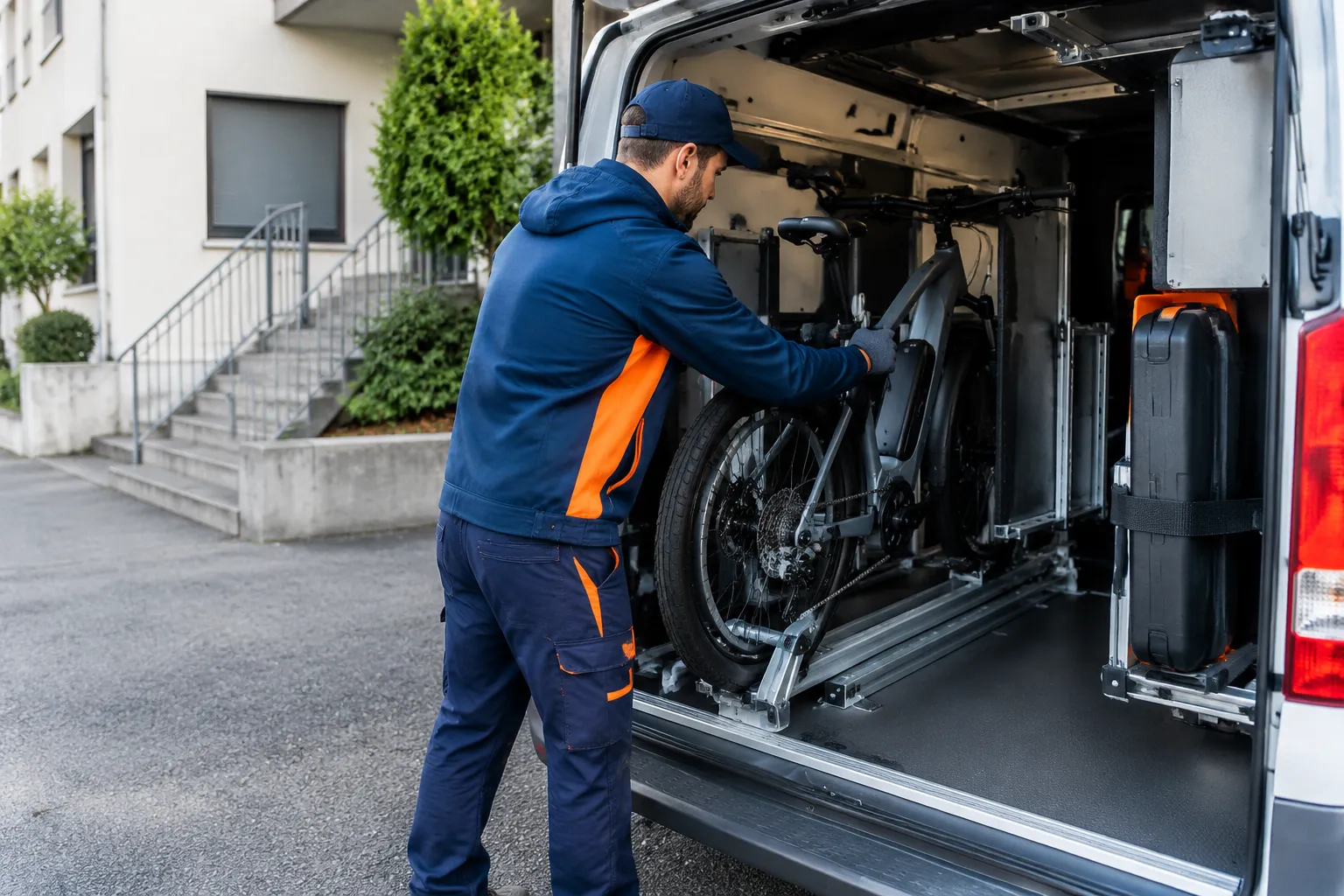 Technicien charge un vélo pliant dans une camionnette.