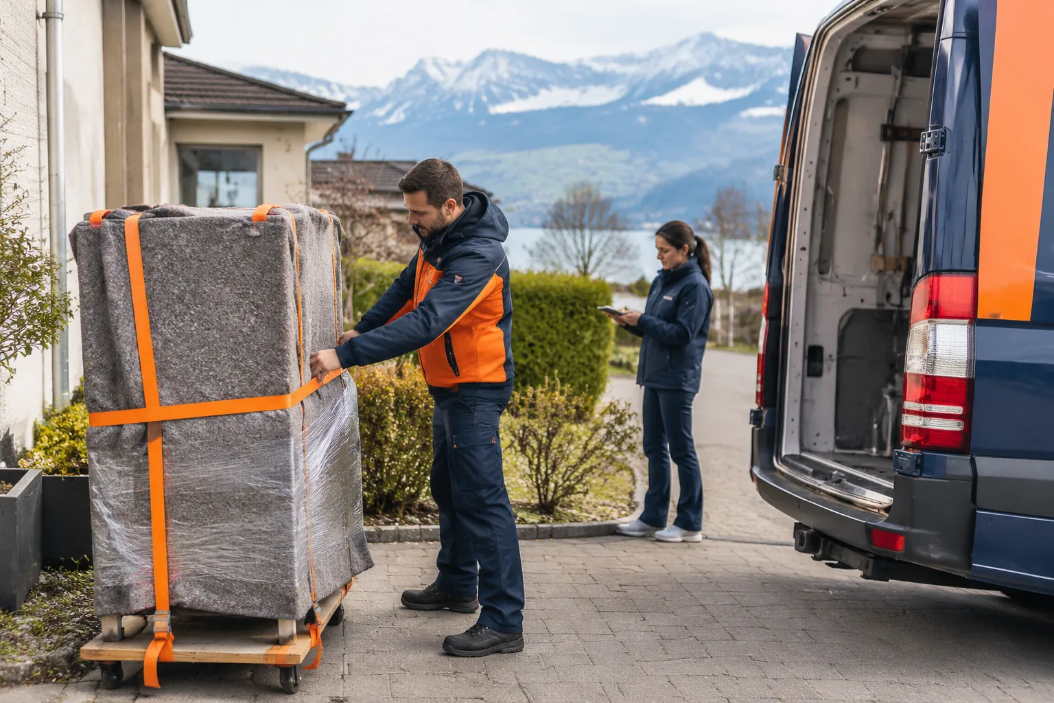 Déménageur sécurisant un meuble emballé près d’une camionnette.