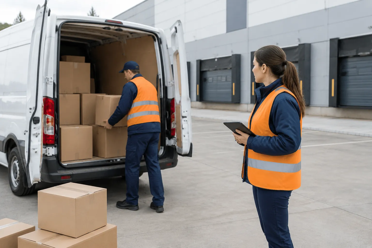 Employés en gilets orange chargeant des cartons dans une camionnette.