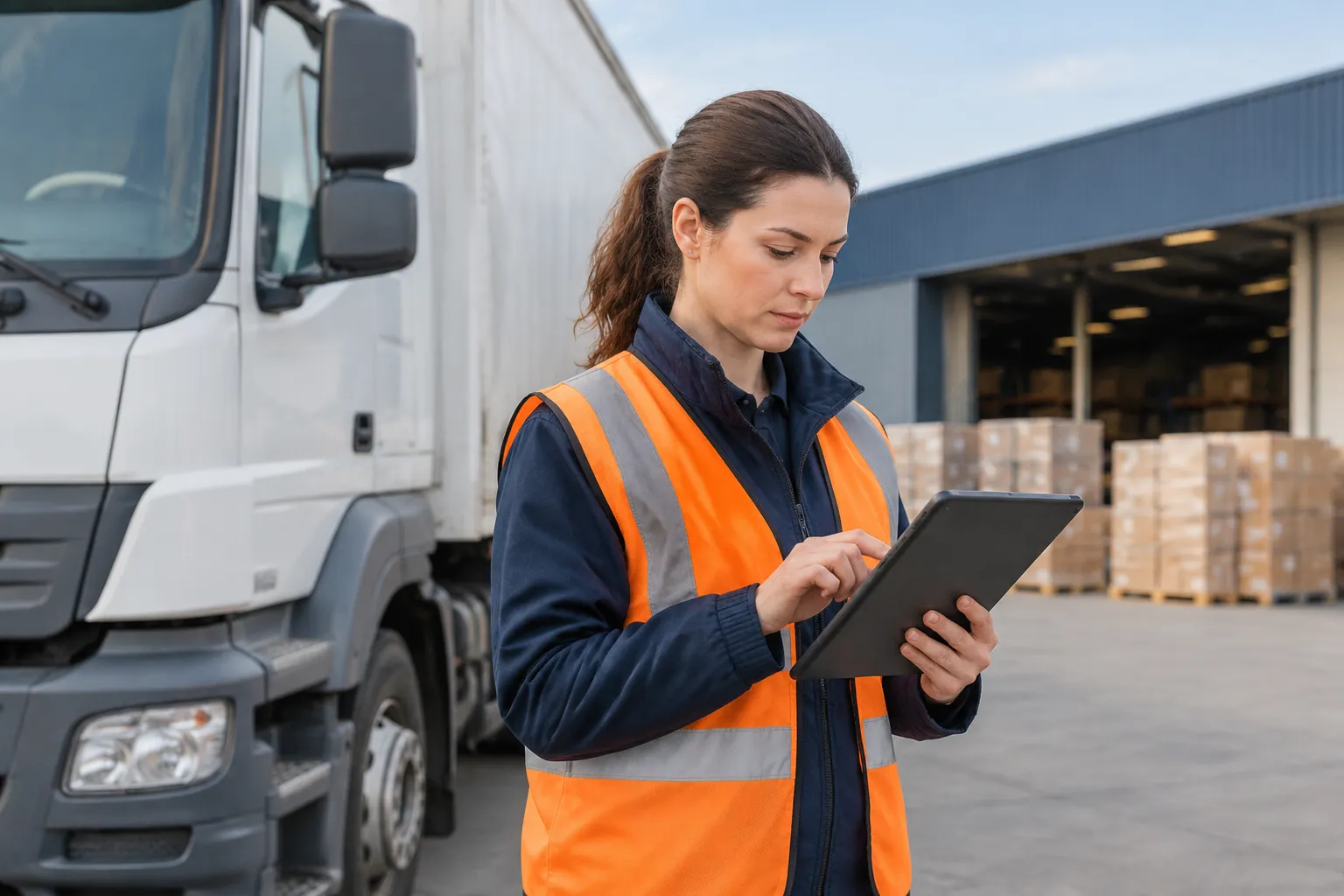 Logisticienne en gilet fluorescent utilisant une tablette devant un camion.