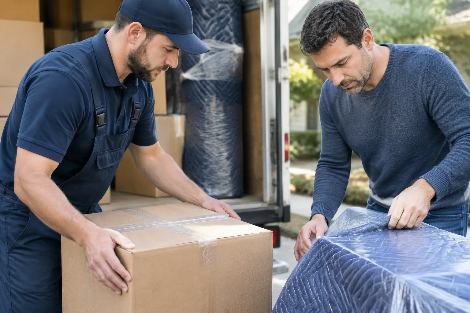 Déménageur et client déplacent un carton et un meuble emballé.