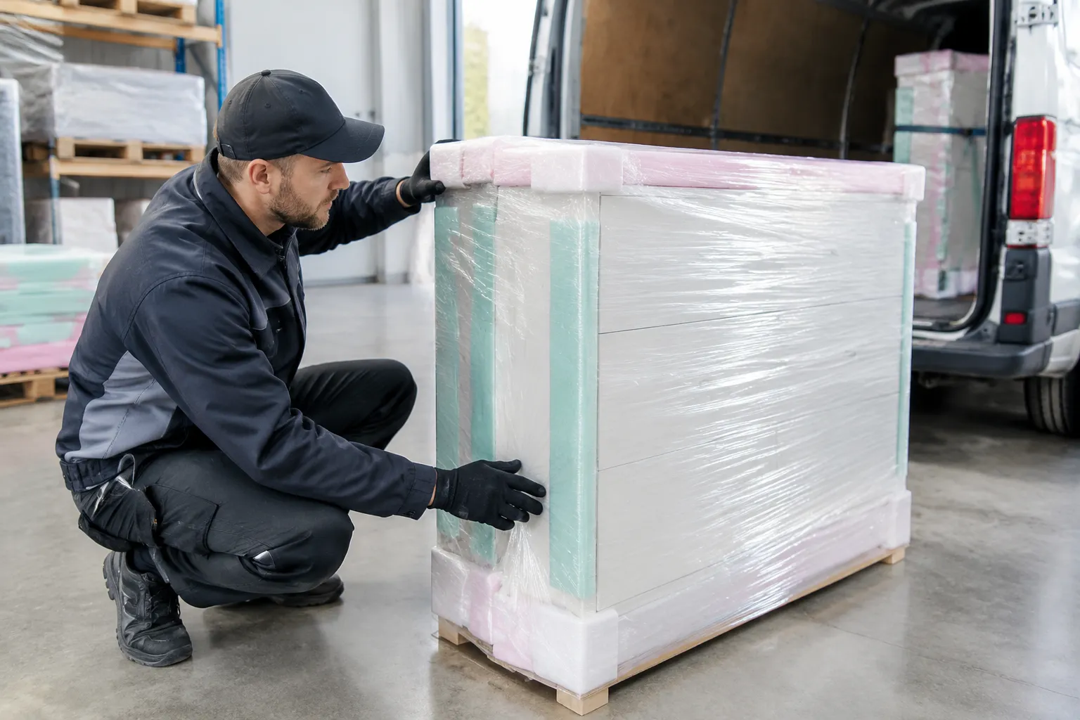Manutentionnaire emballant une grande caisse sur palette près d’un camion.