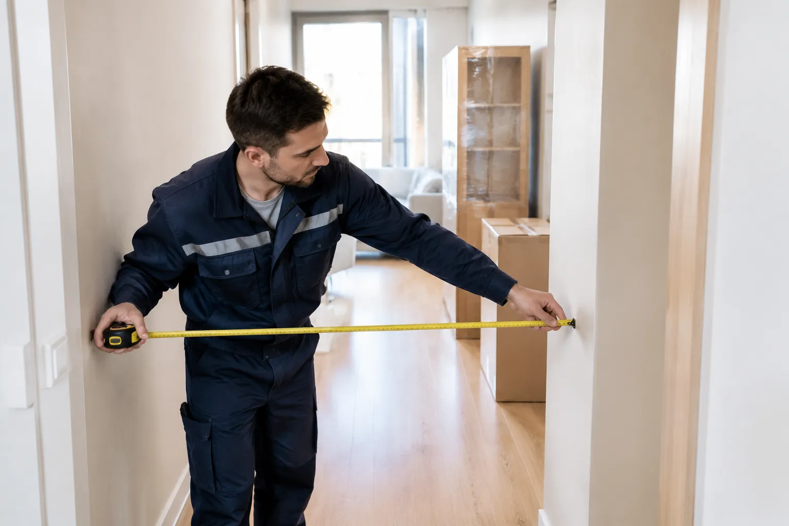 Déménageur mesure la largeur d’une porte avec un mètre ruban