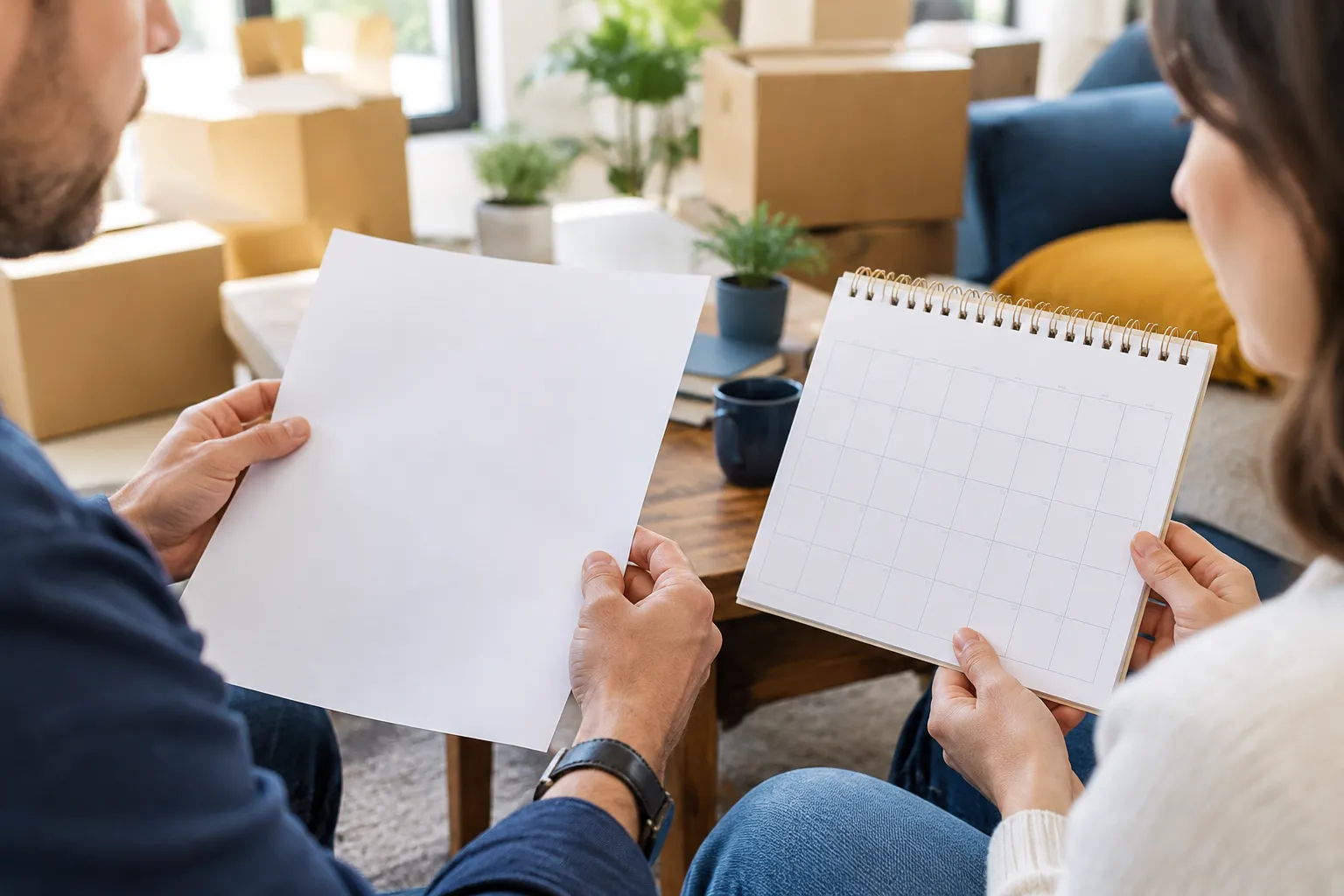 Couple planifiant un déménagement avec calendrier et cartons.