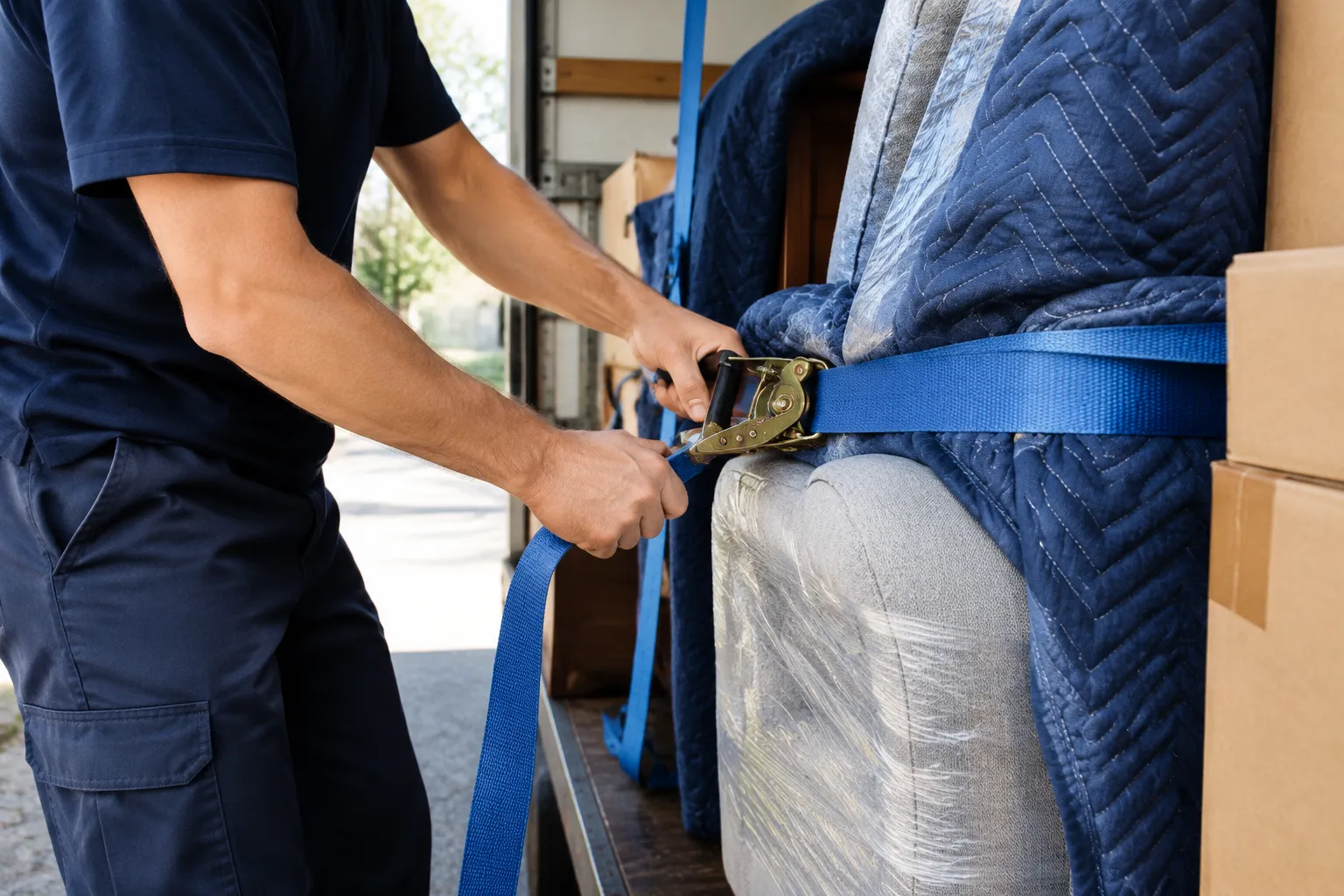 Déménageur attachant un canapé avec une sangle bleue.